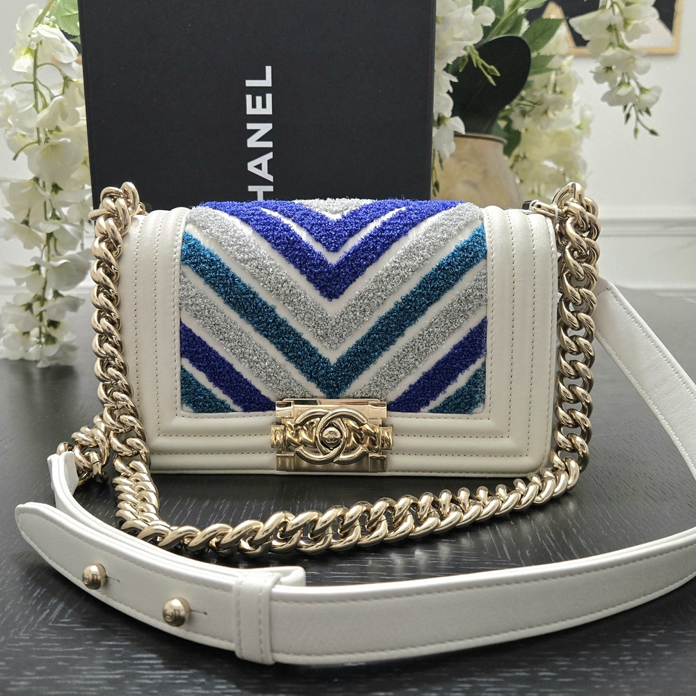 Chanel Boy Bag White and Blue Chevron With Gold Hardware Limited Edition
